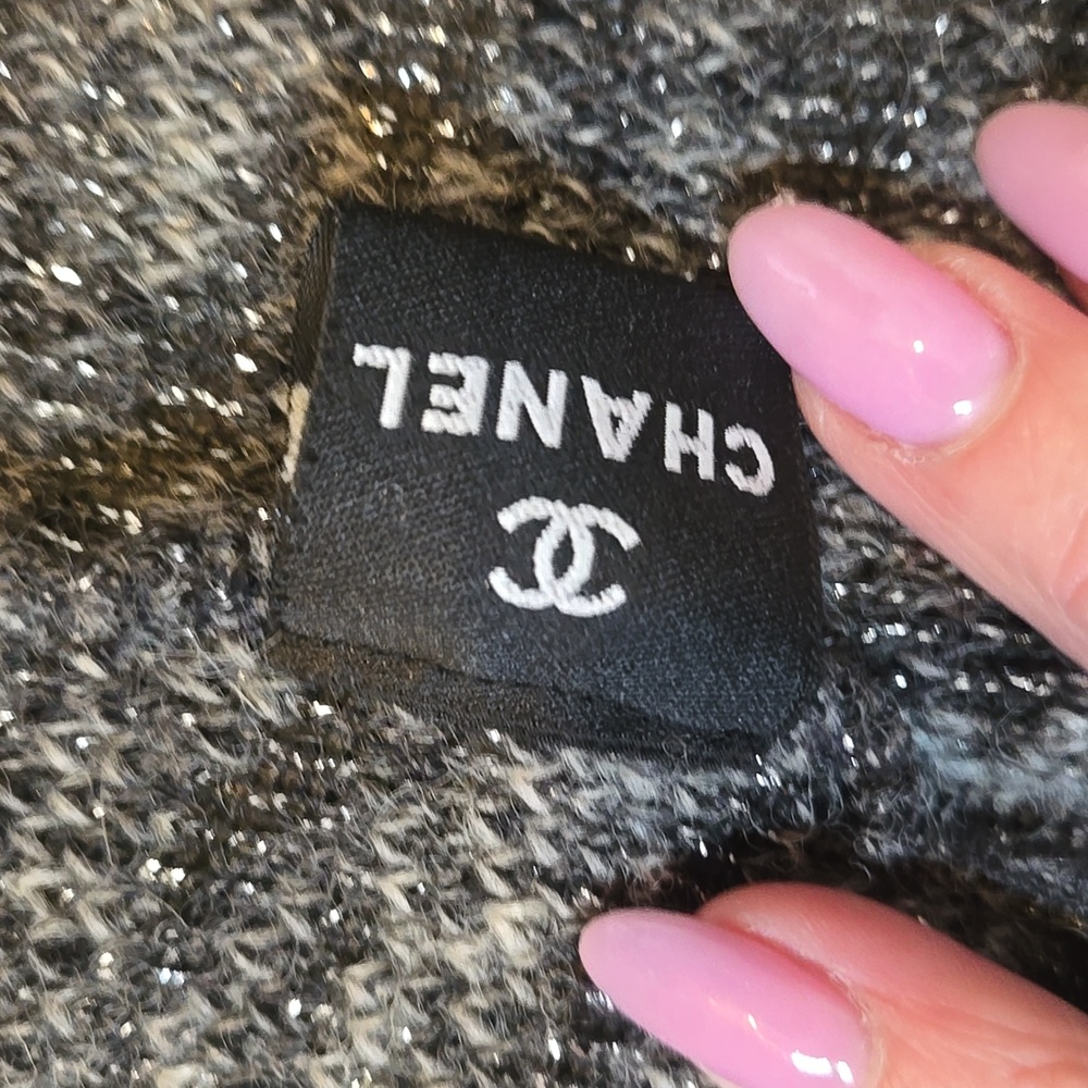 RARE Gray Metallic Accent Cardigan Sweater with Feather Accent Trim - Picture 3 of 16